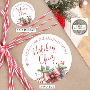 Modern Holiday Cheer Script Red Bow From Name Classic Round Sticker