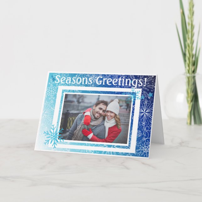 Modern Holiday Custom Photo Blue &White Snowflakes Card (Front)
