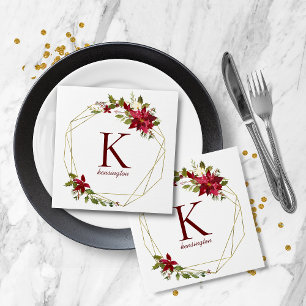 Modern Holiday Geometric Floral Wreath Monogram Napkin