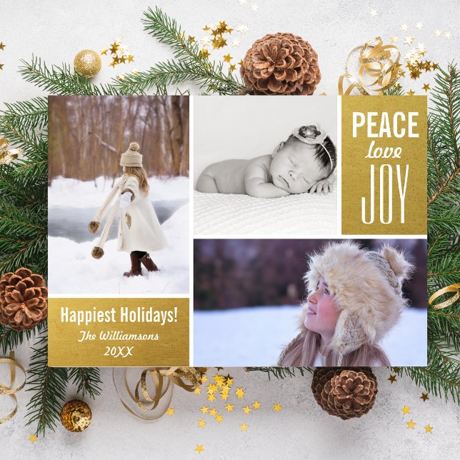 Modern Holiday Gold Peace Love Joy Photo Collage (Creator Uploaded)