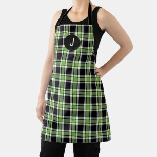 Modern Holiday Green Black Plaid and Monogram  Apron