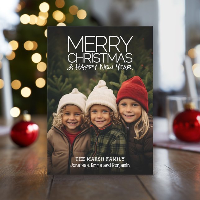 Modern Holiday - Merry Christmas HNY Full Photo (Full Coverage Photo with a White Type Overlay - Online Christmas Card - Download or Print Options)