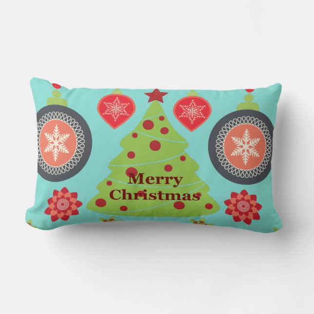 Modern Holiday Merry Christmas Tree Snowflakes Lumbar Cushion (Front)