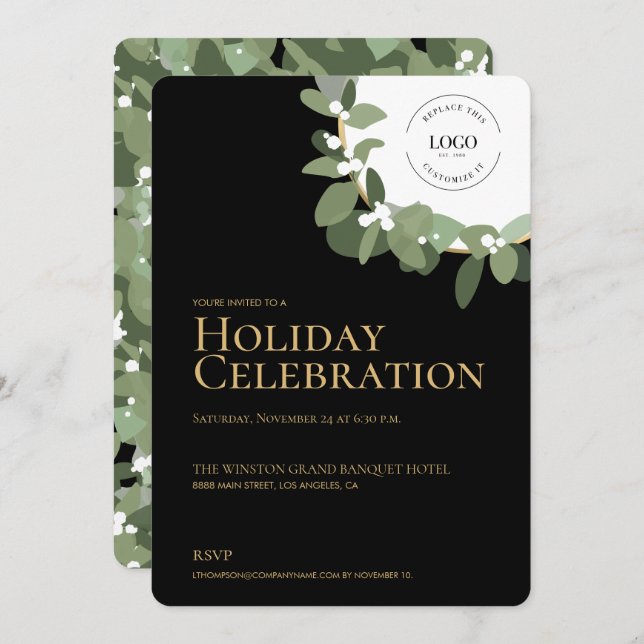 Modern Holiday Party Celebration Green Wreath gold Invitation (Front/Back)