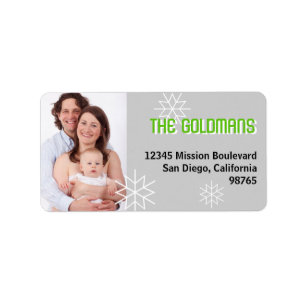 Modern holiday photo green grey snowflake address label