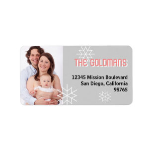 Modern holiday photo pink grey snowflake address label