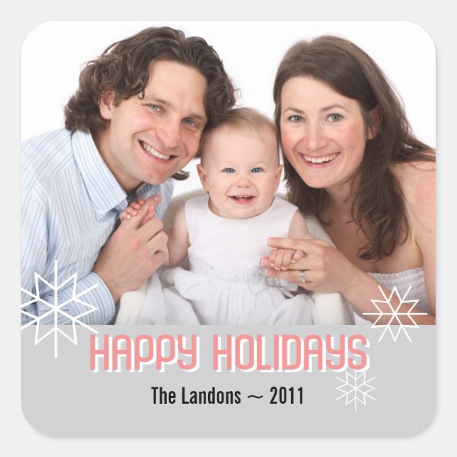 Modern holiday photo pink grey snowflake greeting square sticker (Front)