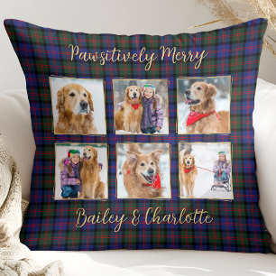 Modern Holiday Plaid Personalised Dog Pet Photo Cushion