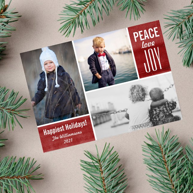 Modern Holiday Red Peace Love Joy Photo Collage Card (Creator Uploaded)
