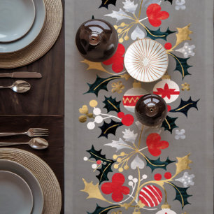 Modern Holiday Red Silver & Gold Ornaments Short Table Runner