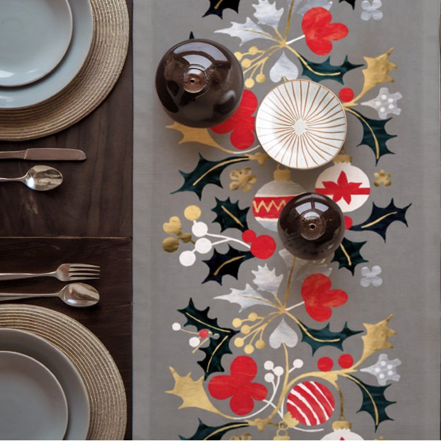 Modern Holiday Red Silver & Gold Ornaments Short Table Runner (Modern Christmas Ornaments Table Runner in Gold Silver and Red)