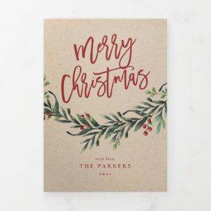 Modern holiday swag Christmas photo Tri-Fold Card