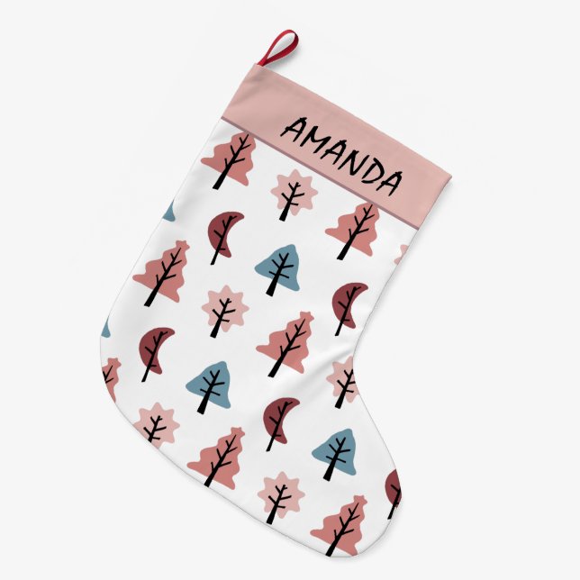 Modern Holiday Tree Pattern - Cookie Cutter Name Large Christmas Stocking (Front (Hanging))