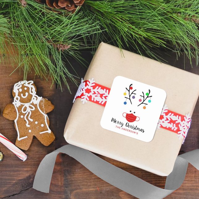 Modern Holiday Whimsical Masked Reindeer Christmas Square Sticker (Creator Uploaded)