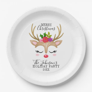 Modern Holiday Whimsical Reindeer Christmas Paper Plate