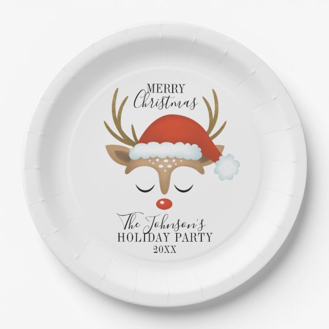 Modern Holiday Whimsical Reindeer Christmas Paper  Plate (Front)