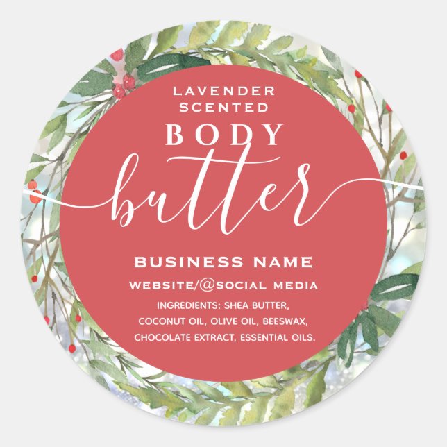 Modern holiday wreath script body butter label (Front)