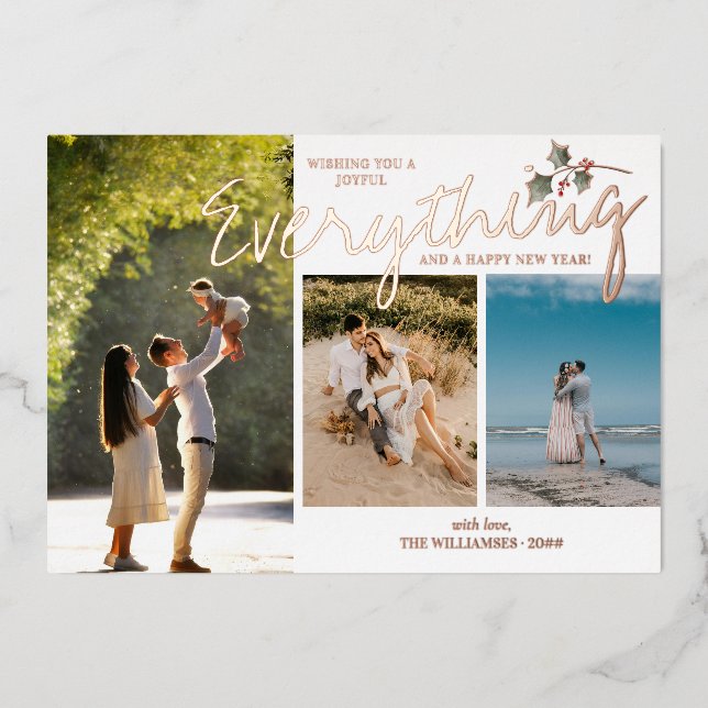 Modern Holly 3 Photo Red Green Elegant New Family  Foil Holiday Card (Front)