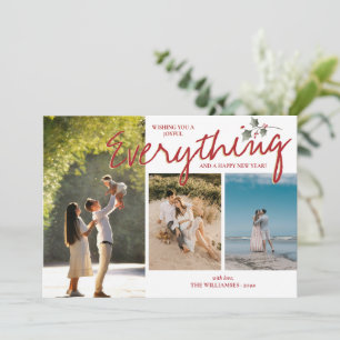 Modern Holly 3 Photo Red Green Elegant New Family  Holiday Card