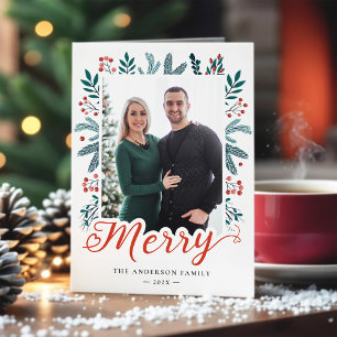 Modern Holly and Pine Merry Christmas Script Photo Holiday Card