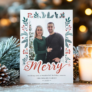 Modern Holly and Pine Merry Christmas Script Photo Holiday Card