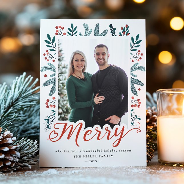 Modern Holly and Pine Merry Christmas Script Photo Holiday Card (Creator Uploaded)