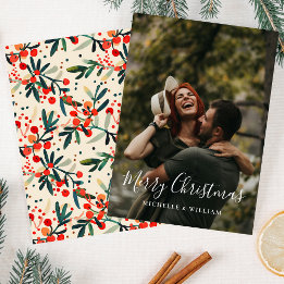 Modern Holly Berries Christmas Script Photo Holiday Card