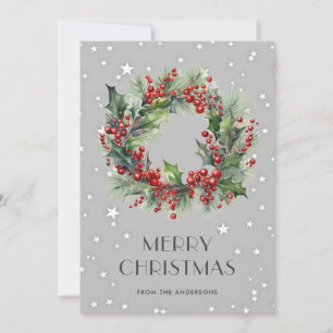 Modern Holly Berries Wreath Merry Christmas Card