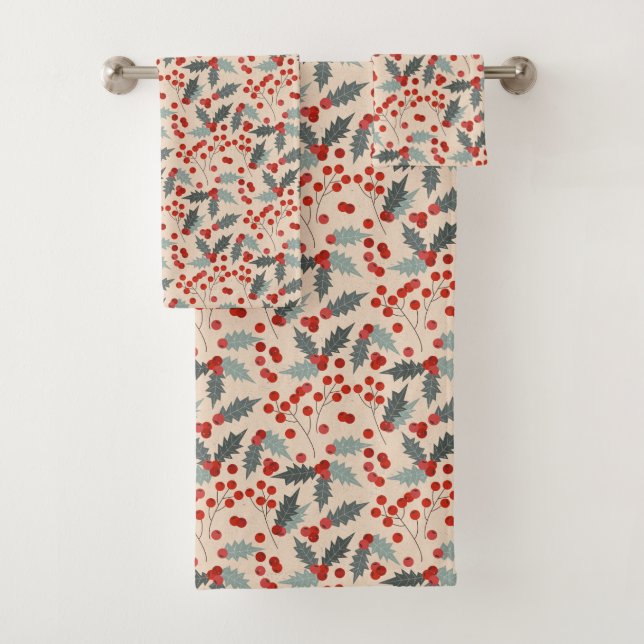 Modern Holly Berry Christmas Botanical Bath Towel Set (Insitu)