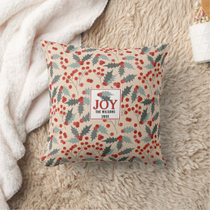 Modern Holly Berry Christmas Botanical Joy Family Cushion