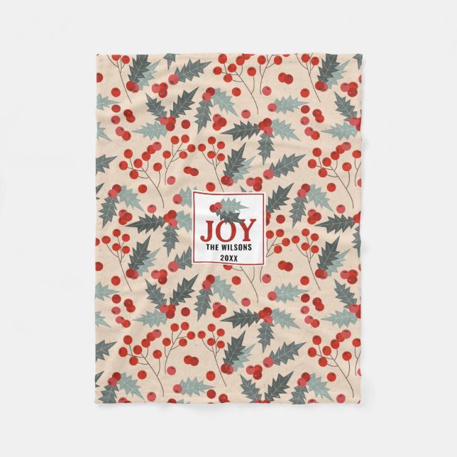 Modern Holly Berry Christmas Botanical Joy Family Fleece Blanket (Front)