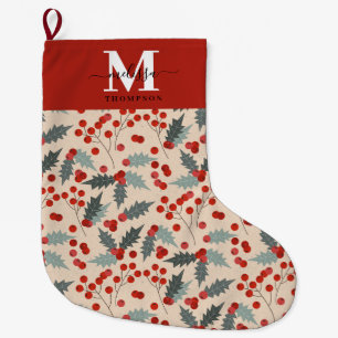 Modern Holly Berry Christmas Botanical Monogram Large Christmas Stocking