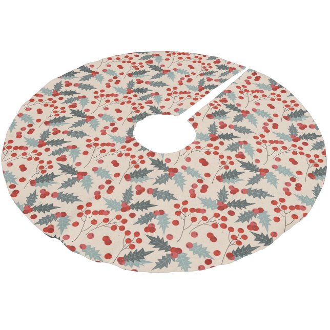 Modern Holly Berry Christmas Botanical Pattern Brushed Polyester Tree Skirt (Angled)