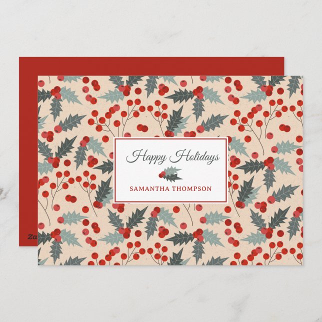 Modern Holly Berry Christmas Botanical Pattern Holiday Card (Front/Back)