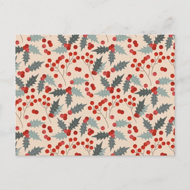 Modern Holly Berry Christmas Botanical Pattern Holiday Postcard (Front)