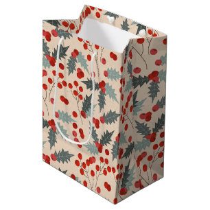 Modern Holly Berry Christmas Botanical Pattern Medium Gift Bag
