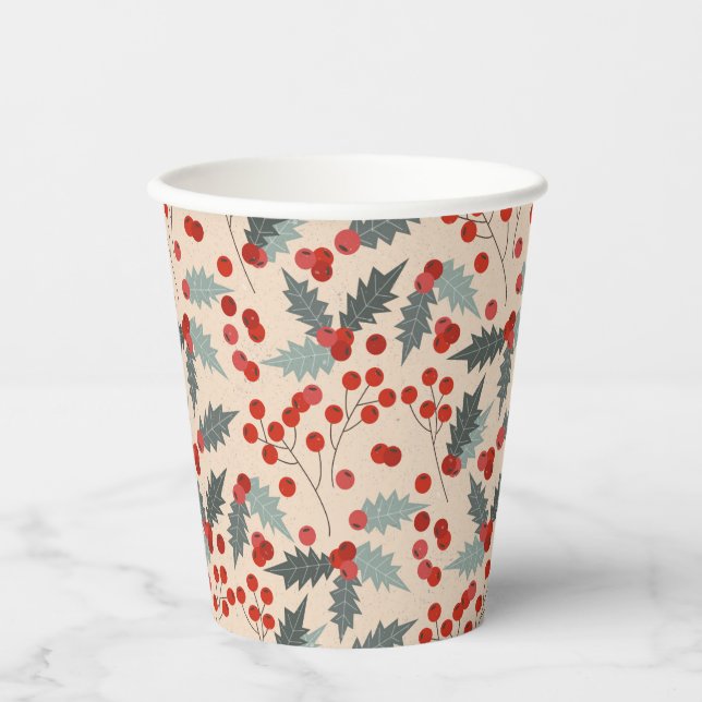 Modern Holly Berry Christmas Botanical Pattern Paper Cups (Front)