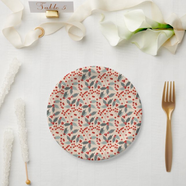 Modern Holly Berry Christmas Botanical Pattern Paper Plate (Wedding)