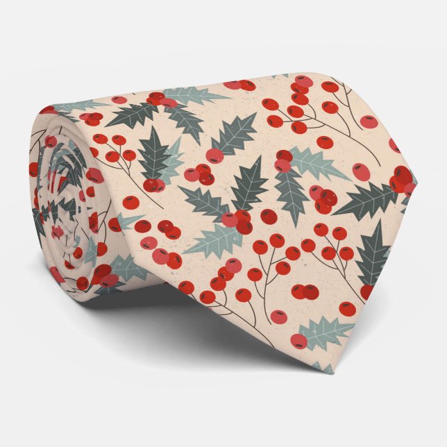 Modern Holly Berry Christmas Botanical Pattern Tie (Rolled)