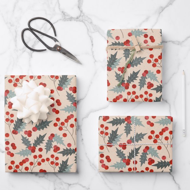 Modern Holly Berry Christmas Botanical Pattern Wrapping Paper Sheet (Front)