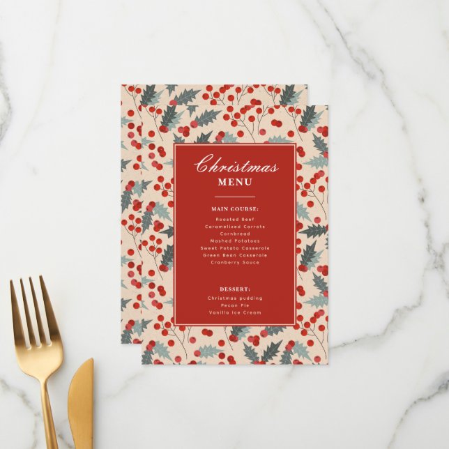 Modern Holly Berry Christmas Party  Menu (Front/Back In Situ)