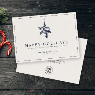 Modern Holly Berry   Elegant Muted Blue Business Holiday Card