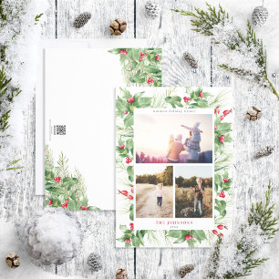 Modern Holly Berry Greenery 3 Photo Holiday Card