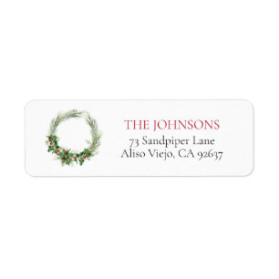 Modern Holly Berry Greenery Wreath Return Address Label