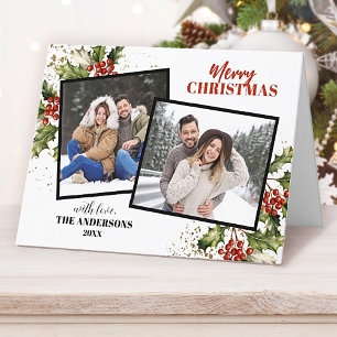 Modern Holly Berry Photo Collage Christmas  Holiday Card