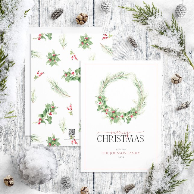 Modern Holly Berry Wreath Merry Christmas Holiday Card (Creator Uploaded)