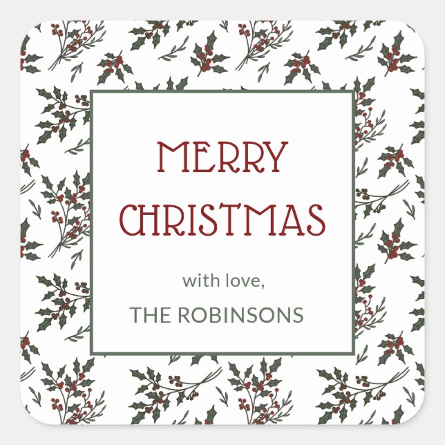 Modern Holly Christmas Botanical Berries Pattern Square Sticker (Front)