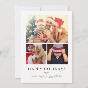 Modern Holly Christmas Three Photo Grid Holiday Card