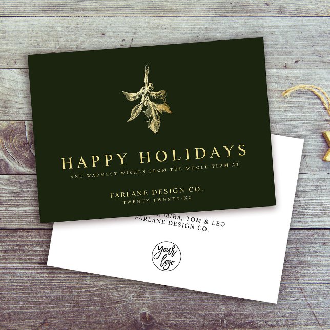 Modern Holly | Elegant Gold Green Business Holiday Card (Creator Uploaded)