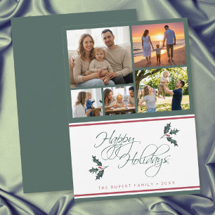 Modern Holly Five Photo Collage Happy Holidays Holiday Card